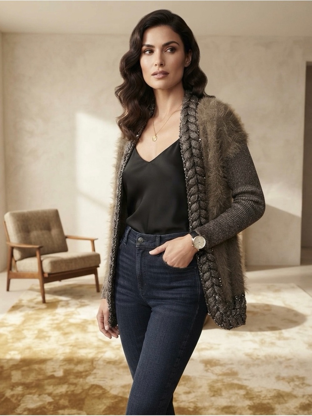 Alberto Makali NWT Taupe Shaggy Faux Fur Trimmed Cardigan Sweater Large